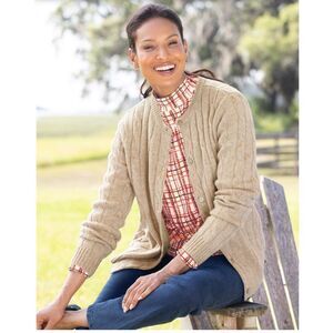 Appleseed's 100% Wool Cardigan Sweater Cable Knit  Camel Heather Size Large